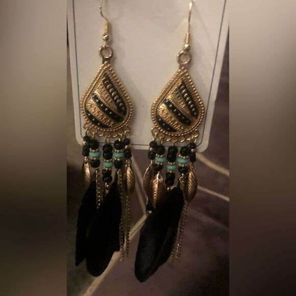 Black gold and teal bohemian feather drop earrings w dangle rope fringe tassel - Picture 2 of 7